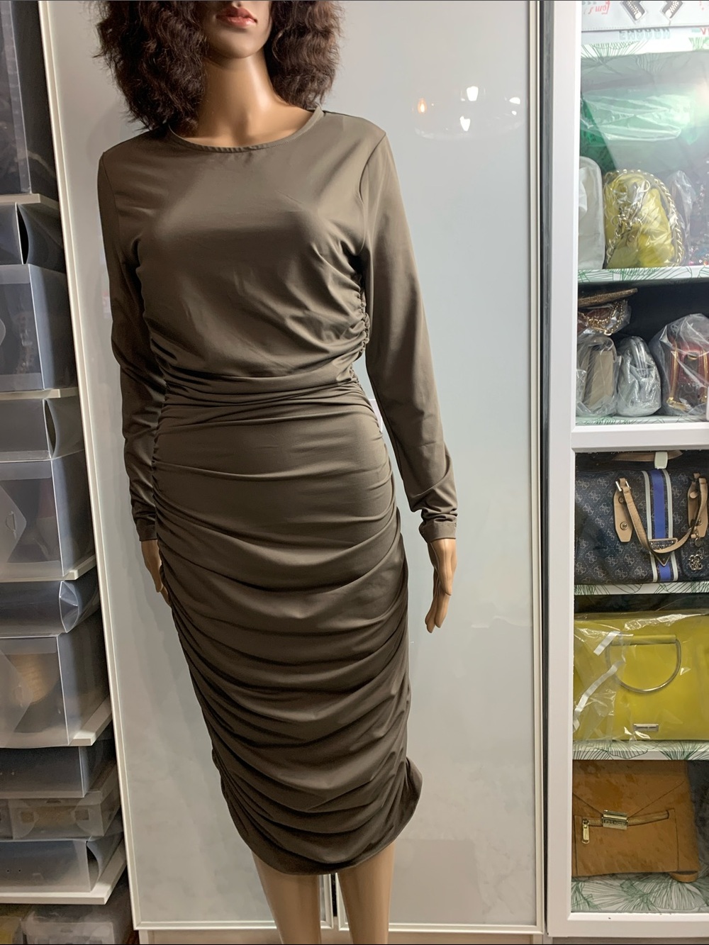 RD Style Olive Long Sleeve Ruched Midi Dress
